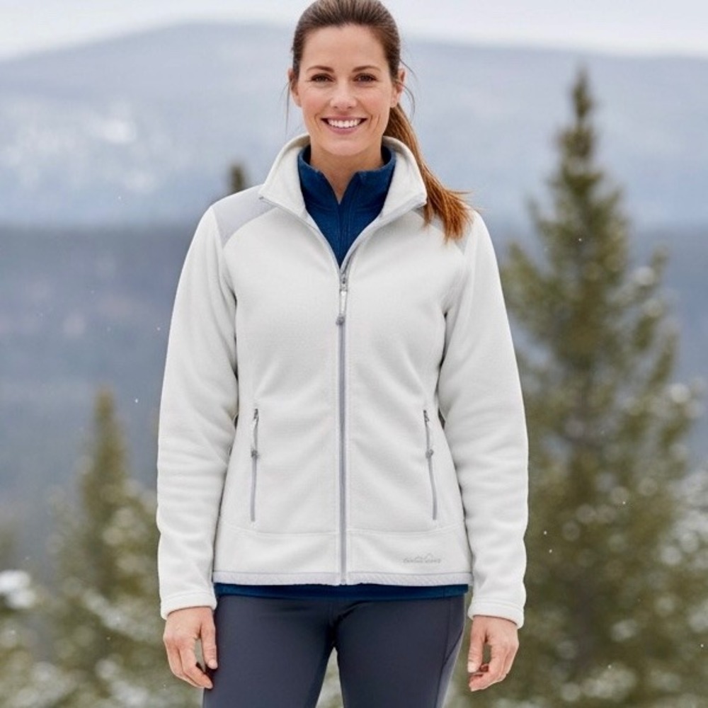 Eddie Bauer Fleece Jacket Women Large White Gray Polartec Wind Pro Full Zipper